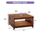 Farmhouse Square Coffee Table Cocktail Center Table with Bottom Shelf For Living Room Organizer Brown