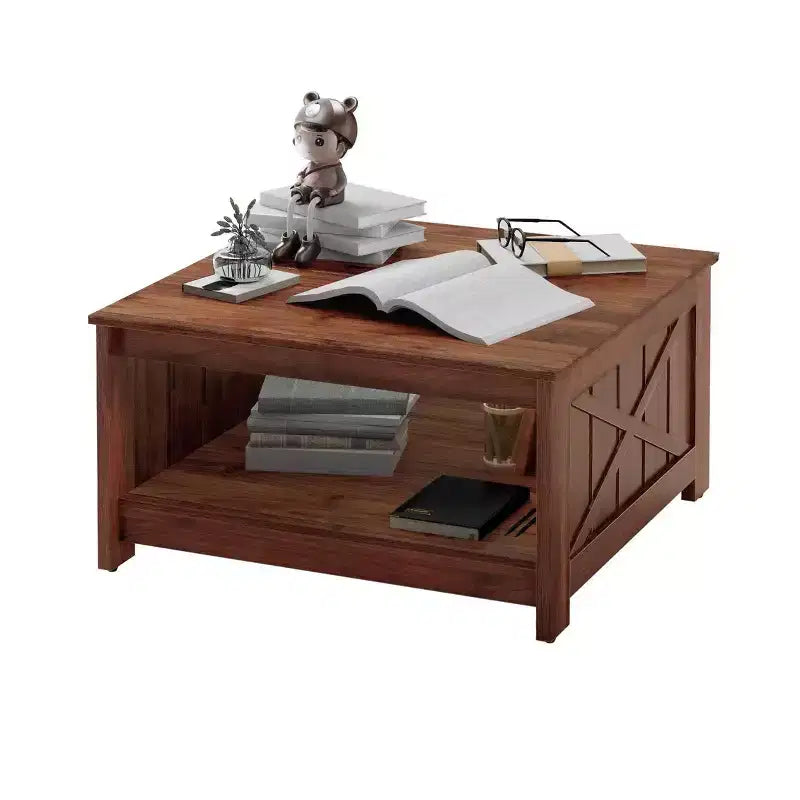 Farmhouse Square Coffee Table Cocktail Center Table with Bottom Shelf For Living Room Organizer Brown