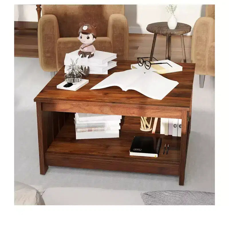 Farmhouse Square Coffee Table Cocktail Center Table with Bottom Shelf For Living Room Organizer Brown