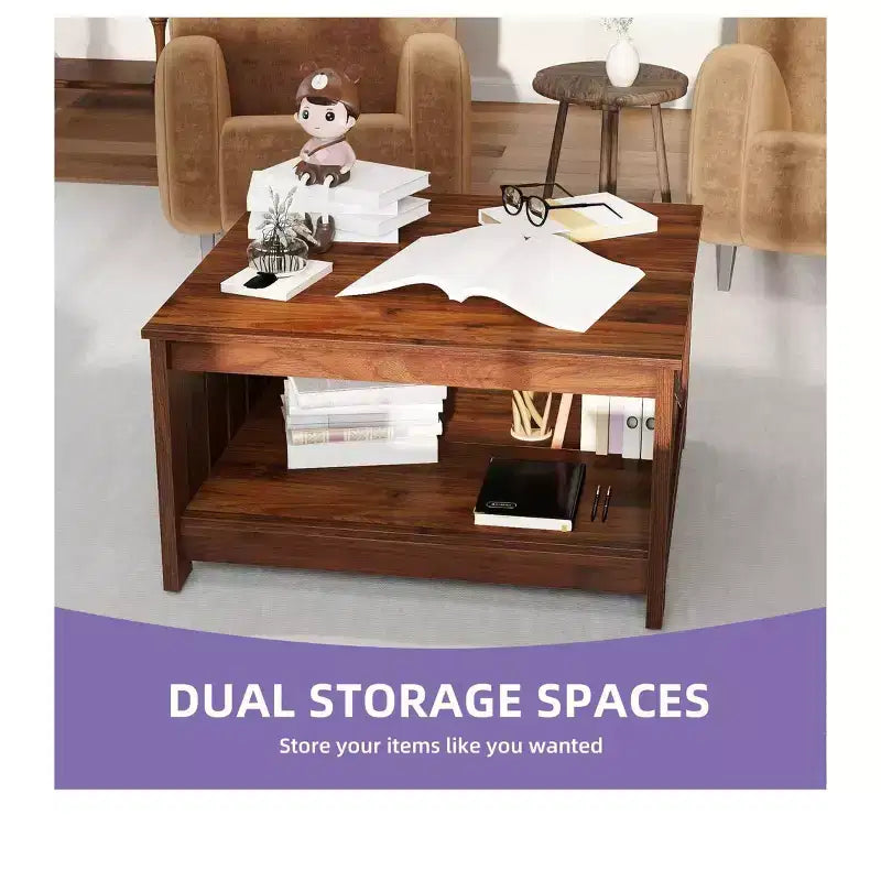 Farmhouse Square Coffee Table Cocktail Center Table with Bottom Shelf For Living Room Organizer Brown