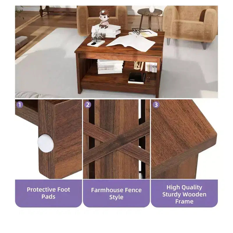 Farmhouse Square Coffee Table Cocktail Center Table with Bottom Shelf For Living Room Organizer Brown
