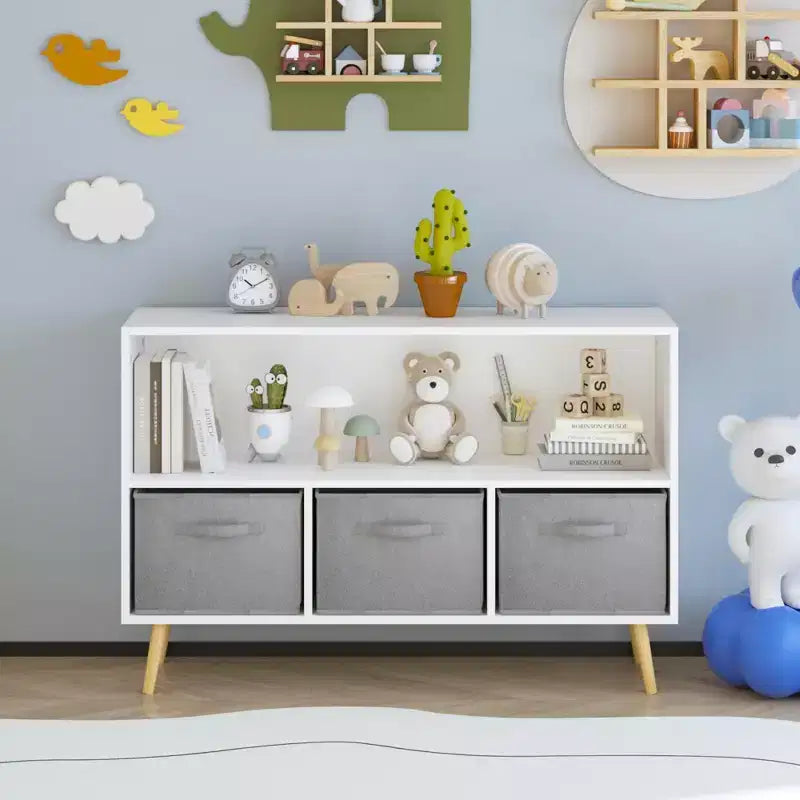 Kids bookcase with Collapsible Fabric Drawers, Children's Book Display, Toy Storage Cabinet Organizer, White/Gray