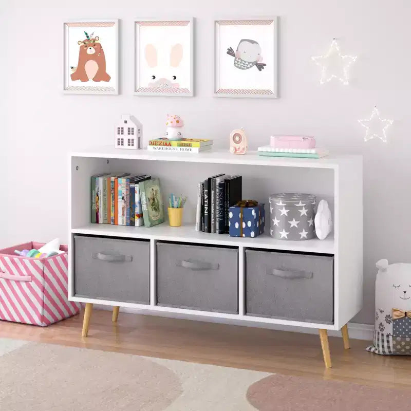 Kids bookcase with Collapsible Fabric Drawers, Children's Book Display, Toy Storage Cabinet Organizer, White/Gray