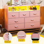 Dresser for Bedroom with LED Lights  7 Drawer Dressers with Charging Station, Wood Storage Chest for Entryway, Closet, Living Room, Hallway