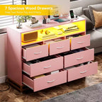 Dresser for Bedroom with LED Lights  7 Drawer Dressers with Charging Station, Wood Storage Chest for Entryway, Closet, Living Room, Hallway