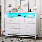 Dresser for Bedroom with LED Lights  7 Drawer Dressers with Charging Station, Wood Storage Chest for Entryway, Closet, Living Room, Hallway