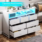 Dresser for Bedroom with LED Lights  7 Drawer Dressers with Charging Station, Wood Storage Chest for Entryway, Closet, Living Room, Hallway