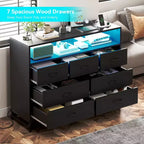 Dresser for Bedroom with LED Lights  7 Drawer Dressers with Charging Station, Wood Storage Chest for Entryway, Closet, Living Room, Hallway