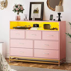 Dresser for Bedroom with LED Lights  7 Drawer Dressers with Charging Station, Wood Storage Chest for Entryway, Closet, Living Room, Hallway
