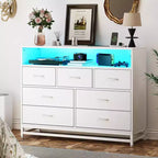 Dresser for Bedroom with LED Lights  7 Drawer Dressers with Charging Station, Wood Storage Chest for Entryway, Closet, Living Room, Hallway