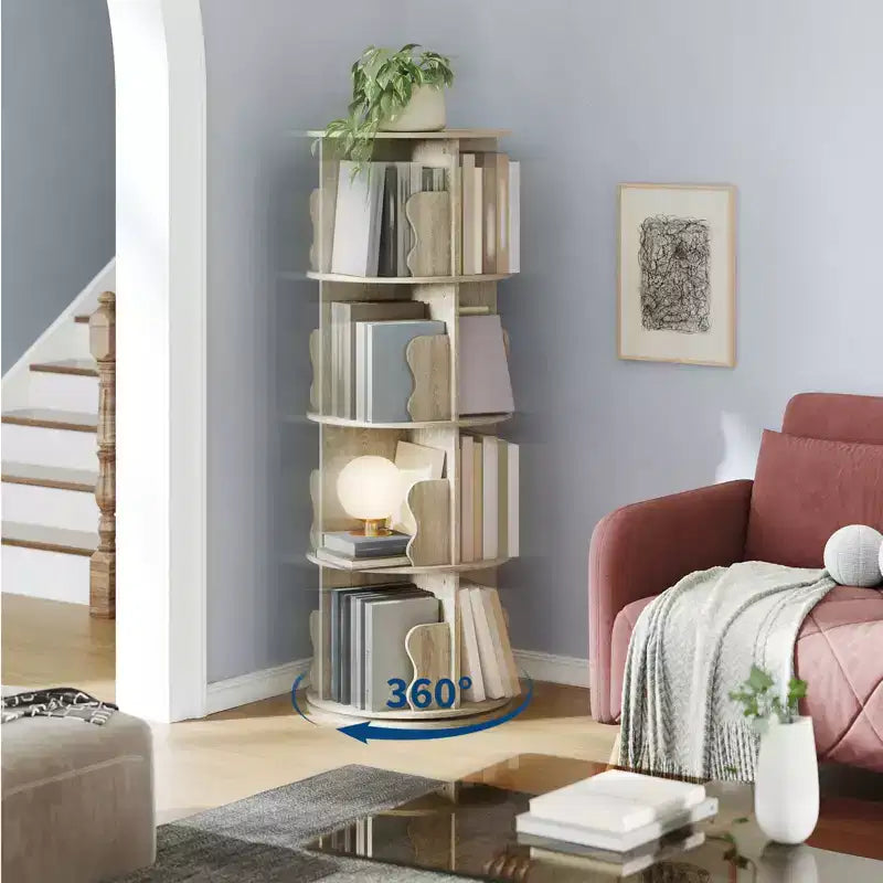 Rotating Bookshelf, 4 Tier Floor Standing Bookcase with Storage Rack, 50 Tall Small Revolving Bookcase for Small Space Bedroom Living Room