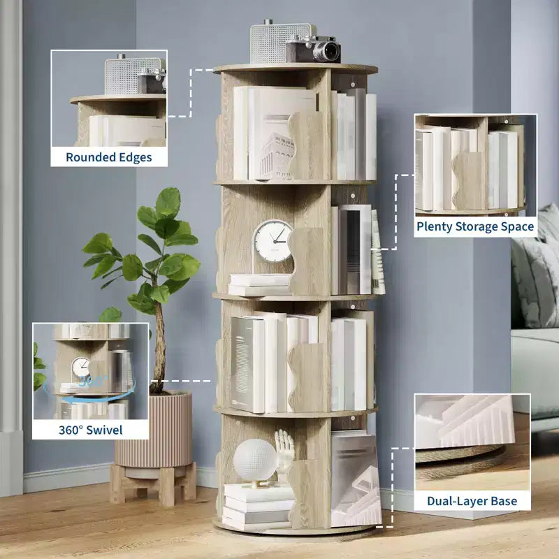 Rotating Bookshelf, 4 Tier Floor Standing Bookcase with Storage Rack, 50 Tall Small Revolving Bookcase for Small Space Bedroom Living Room
