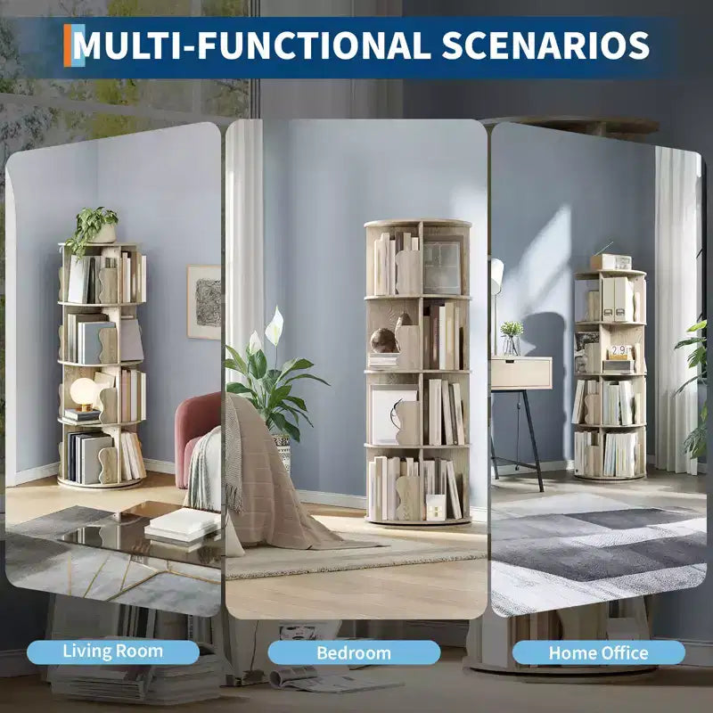 Rotating Bookshelf, 4 Tier Floor Standing Bookcase with Storage Rack, 50 Tall Small Revolving Bookcase for Small Space Bedroom Living Room