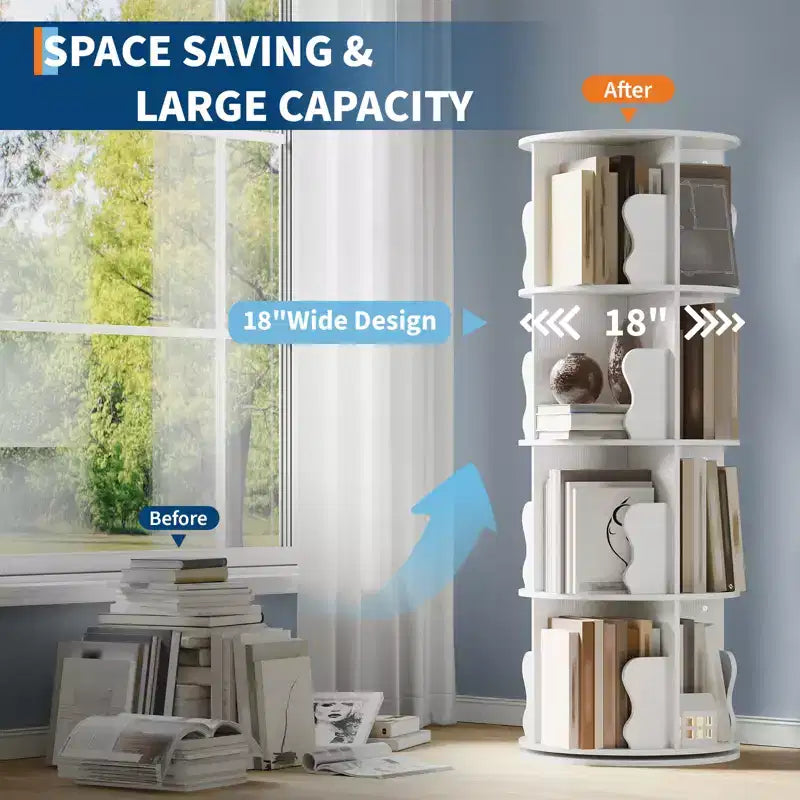 Rotating Bookshelf, 4 Tier Floor Standing Bookcase with Storage Rack, 50 Tall Small Revolving Bookcase for Small Space Bedroom Living Room
