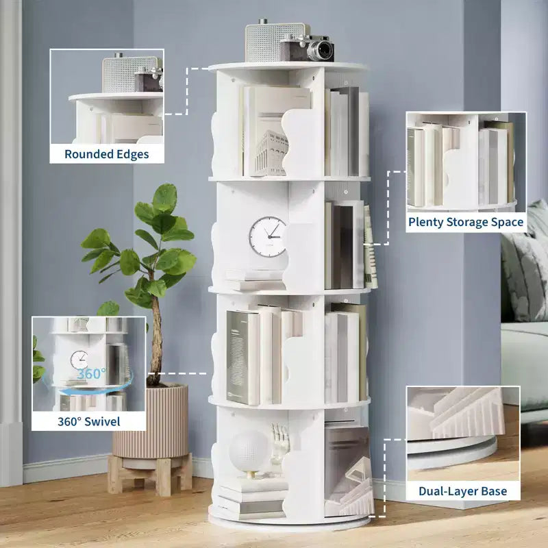 Rotating Bookshelf, 4 Tier Floor Standing Bookcase with Storage Rack, 50 Tall Small Revolving Bookcase for Small Space Bedroom Living Room