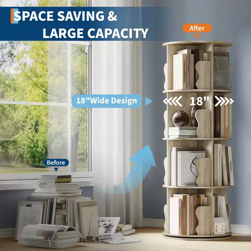 Rotating Bookshelf, 4 Tier Floor Standing Bookcase with Storage Rack, 50 Tall Small Revolving Bookcase for Small Space Bedroom Living Room