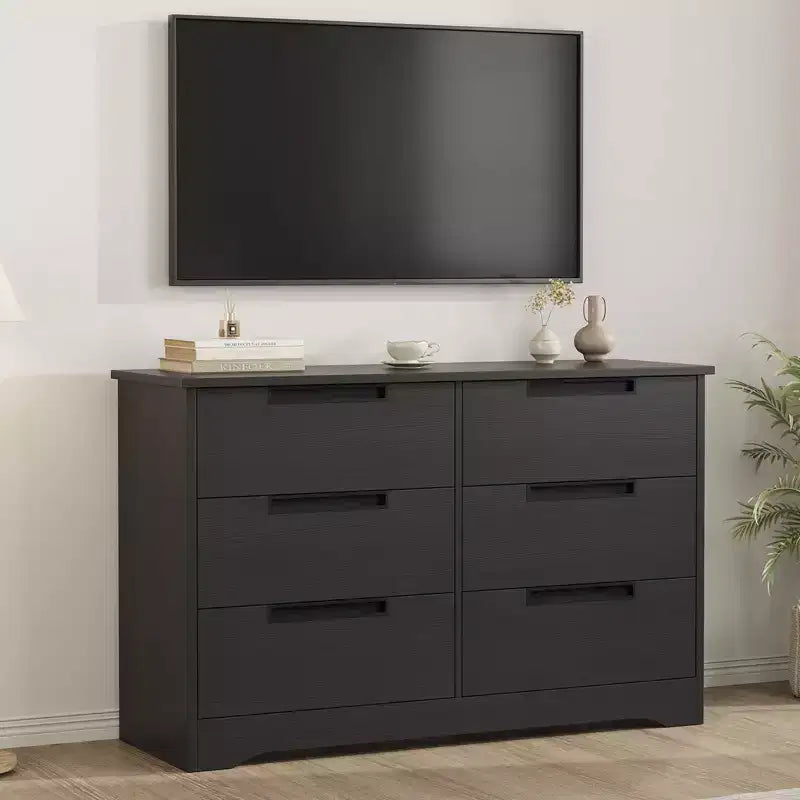 6 Drawer Dresser for Bedroom, Black Modern 6 Chest of Drawers with Embedded Handles Design, Wooden Dresser Organizer for Living Room, Nursery, Hallway
