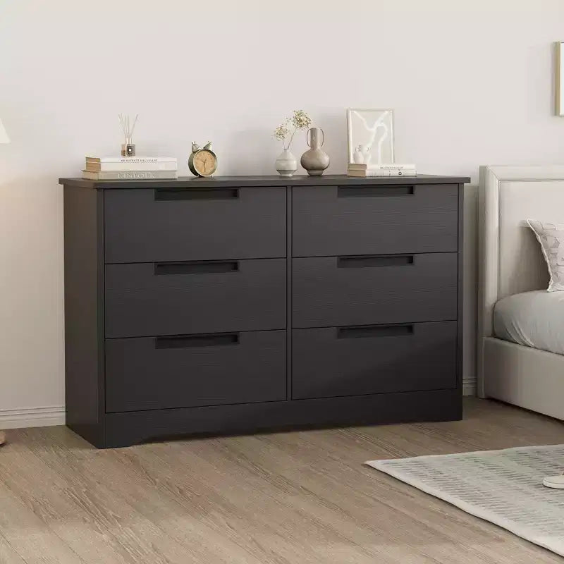6 Drawer Dresser for Bedroom, Black Modern 6 Chest of Drawers with Embedded Handles Design, Wooden Dresser Organizer for Living Room, Nursery, Hallway