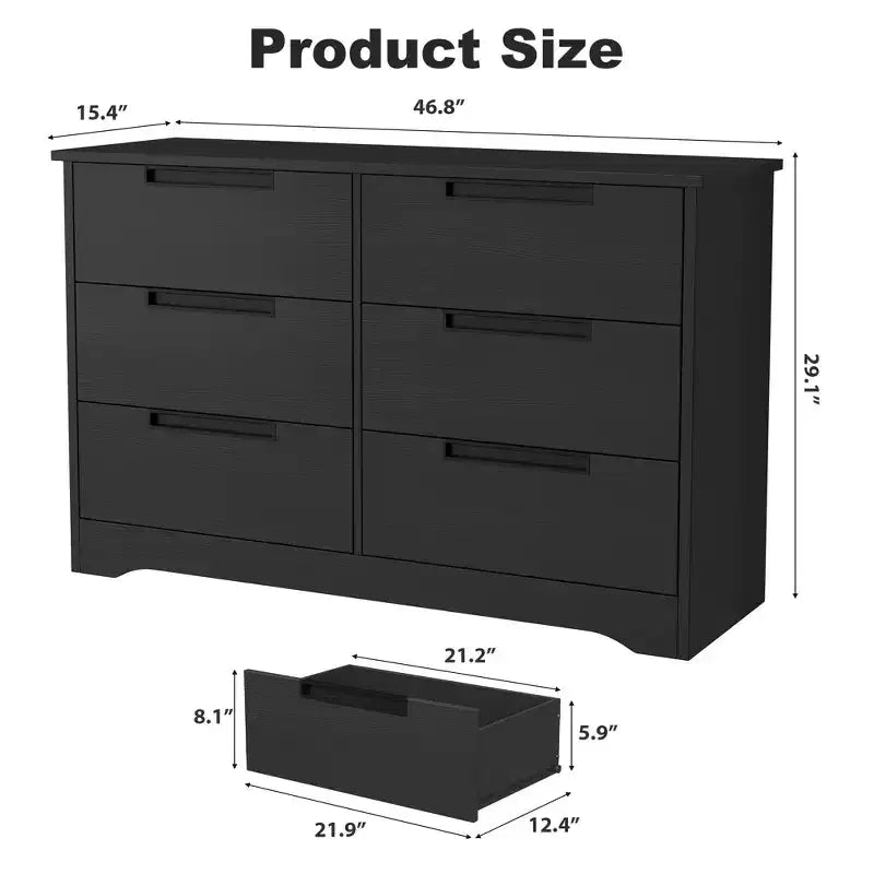 6 Drawer Dresser for Bedroom, Black Modern 6 Chest of Drawers with Embedded Handles Design, Wooden Dresser Organizer for Living Room, Nursery, Hallway