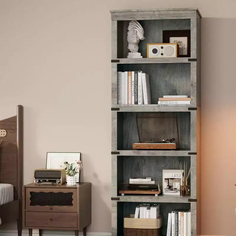 5 Tier Book Shelf, Farmhouse Book Case,Tall Shelf with Storage, Wooden Bookshelves for Living Room