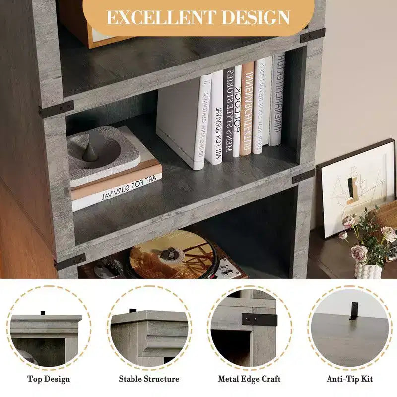 5 Tier Book Shelf, Farmhouse Book Case,Tall Shelf with Storage, Wooden Bookshelves for Living Room