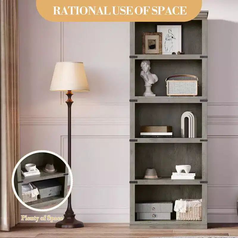 5 Tier Book Shelf, Farmhouse Book Case,Tall Shelf with Storage, Wooden Bookshelves for Living Room