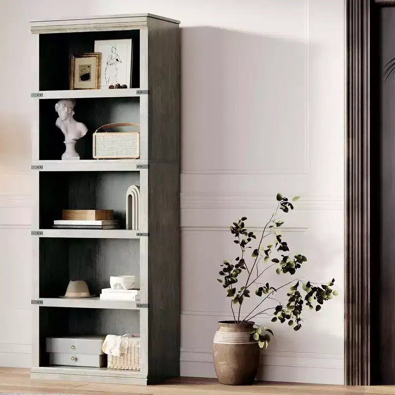 5 Tier Book Shelf, Farmhouse Book Case,Tall Shelf with Storage, Wooden Bookshelves for Living Room