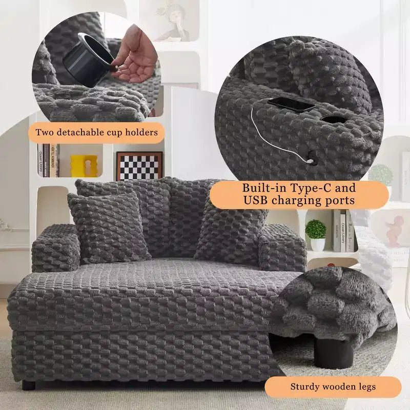 Indoor Chaise Lounge Chair, Upholstered Cozy Reading Chair with Pillows, Comfy Large Modern Sleeper Chair Couch Sofa Bed for Living Room Bedroom