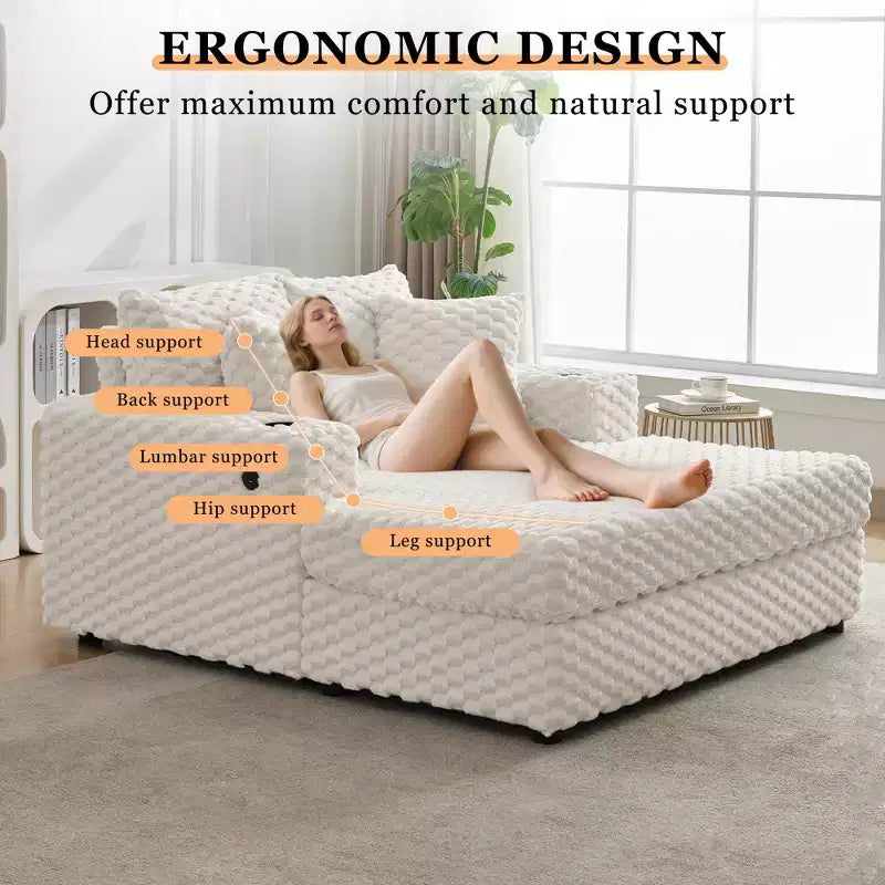 Indoor Chaise Lounge Chair, Upholstered Cozy Reading Chair with Pillows, Comfy Large Modern Sleeper Chair Couch Sofa Bed for Living Room Bedroom