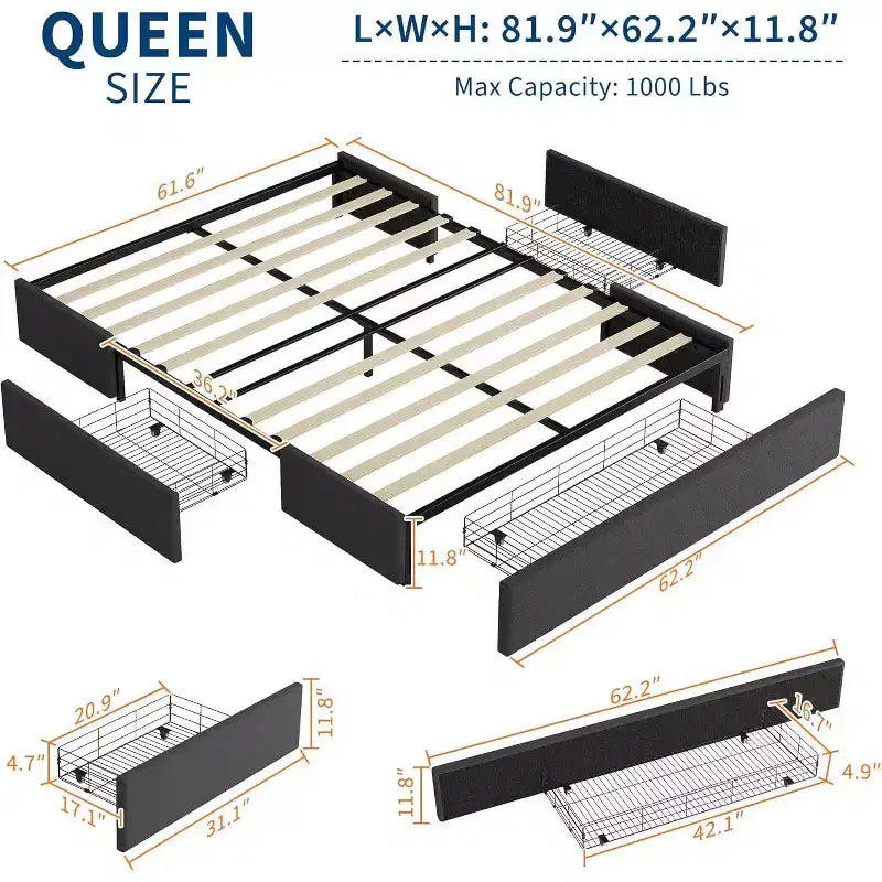 Acekool Platform Bed Frame with 3 Storage Drawers, Wood Slats, No Box Spring, Modern Linen Upholstery