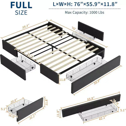 Acekool Platform Bed Frame with 3 Storage Drawers, Wood Slats, No Box Spring, Modern Linen Upholstery