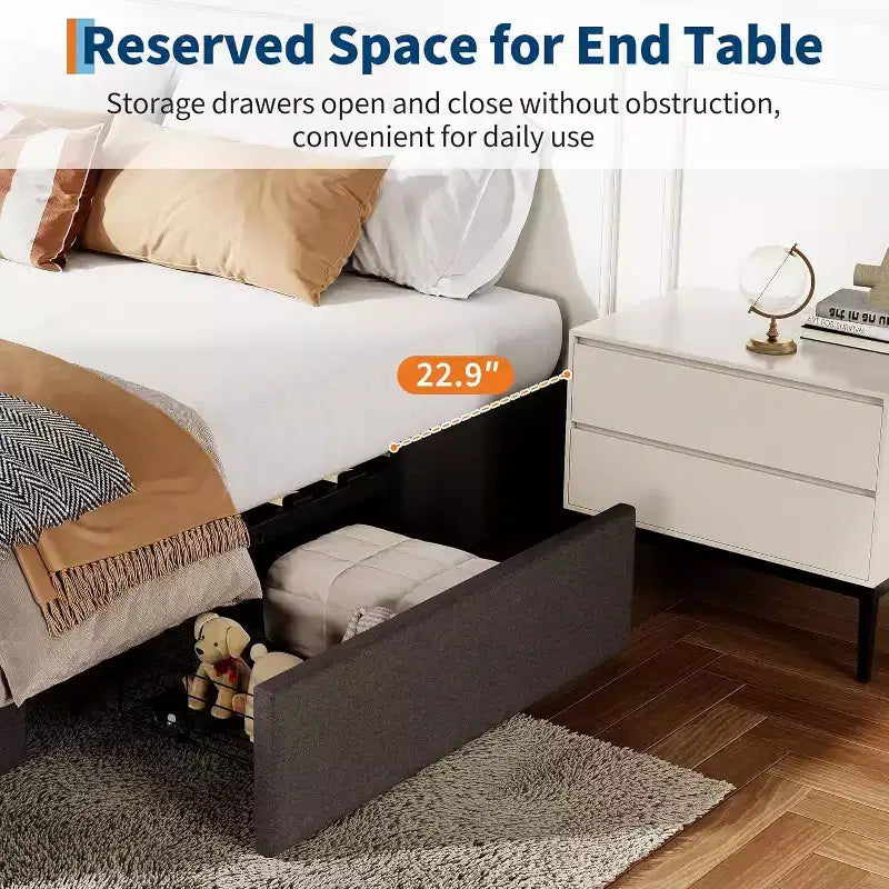 Acekool Platform Bed Frame with 3 Storage Drawers, Wood Slats, No Box Spring, Modern Linen Upholstery