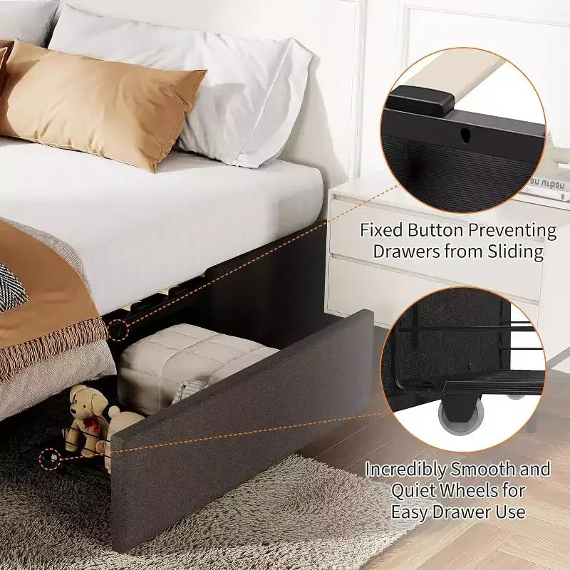 Acekool Platform Bed Frame with 3 Storage Drawers, Wood Slats, No Box Spring, Modern Linen Upholstery