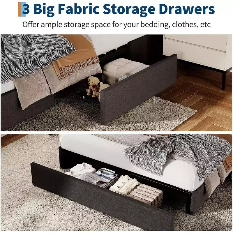 Acekool Platform Bed Frame with 3 Storage Drawers, Wood Slats, No Box Spring, Modern Linen Upholstery
