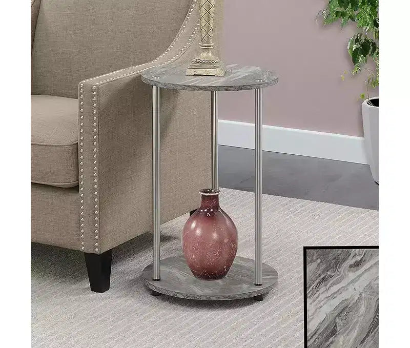 HomeStock Belmont Round Two Tier End Table with Stainless Steel Legs, Sturdy Particleboard Shelves and Modern Contemporary Style