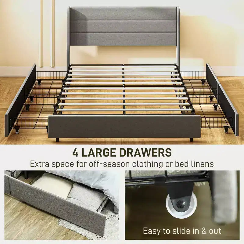 GDFStudio Larisa Modern Upholstered Bed with Headboard and 4 Storage Drawers