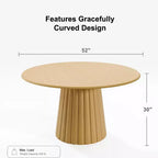 PexFix 52 Wood Round Dining Table Kitchen Table for 4-6 with Arc-Shaped Edge Top & Textured Tapered Base for Living/Dining Room Coffee Office Natural
