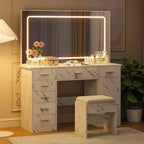 COZONY Modern Makeup Vanity Set, 7-Drawer Dressing Table with Large LED Mirror, Adjustable Brightness, Cushioned Stool & Hidden Storage, Marble White
