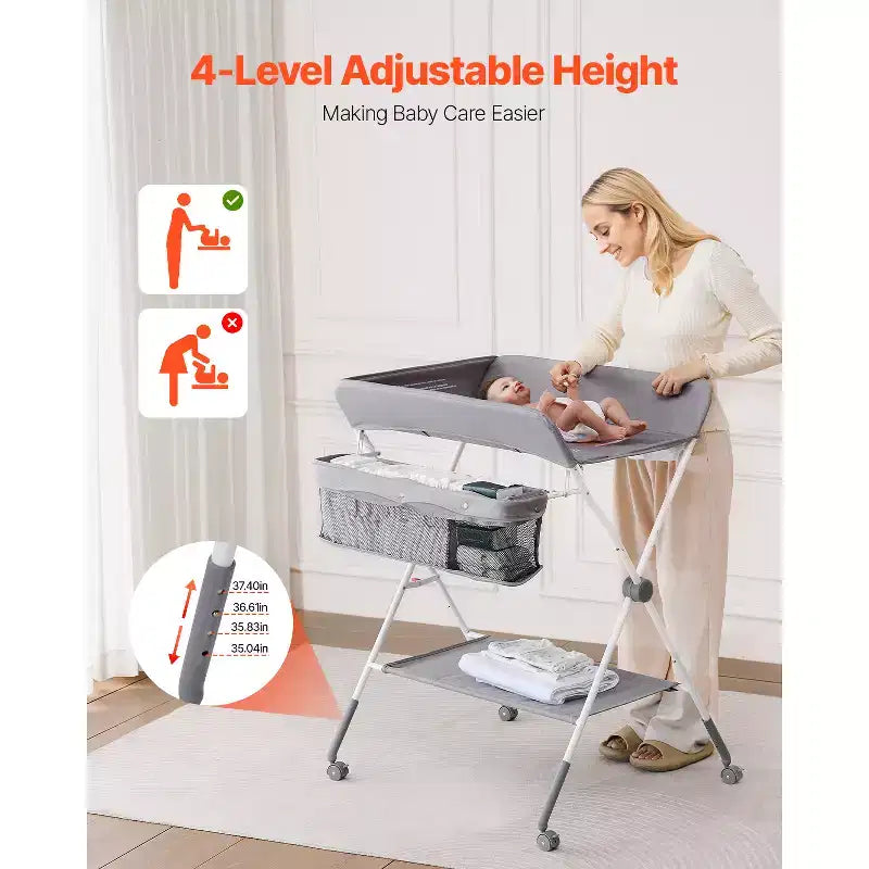VEVOR Baby Changing Table,Foldable Diaper Change Station with Side Basket,Lockable Wheels,Multi-Functional Storage Organizer Nursery,Light Gray