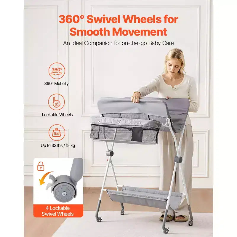 VEVOR Baby Changing Table,Foldable Diaper Change Station with Side Basket,Lockable Wheels,Multi-Functional Storage Organizer Nursery,Light Gray