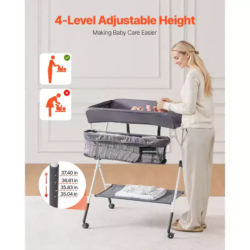 VEVOR Baby Changing Table, Foldable Diaper Change Station with Side Basket,Lockable Wheels, Multi-Functional Storage Organizer Nursery,Dark Gray