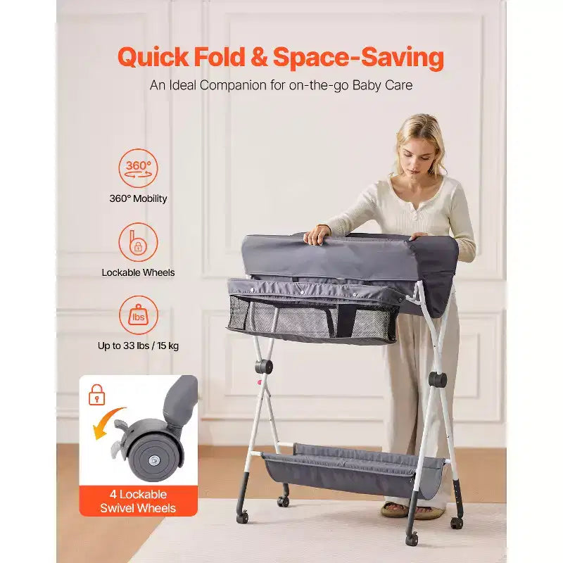 VEVOR Baby Changing Table, Foldable Diaper Change Station with Side Basket,Lockable Wheels, Multi-Functional Storage Organizer Nursery,Dark Gray