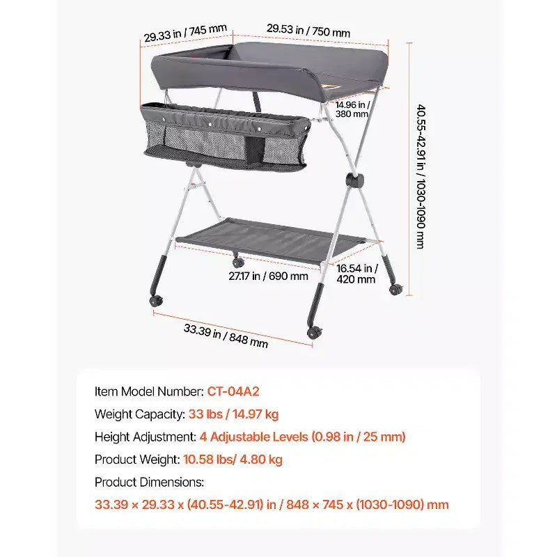 VEVOR Baby Changing Table, Foldable Diaper Change Station with Side Basket,Lockable Wheels, Multi-Functional Storage Organizer Nursery,Dark Gray