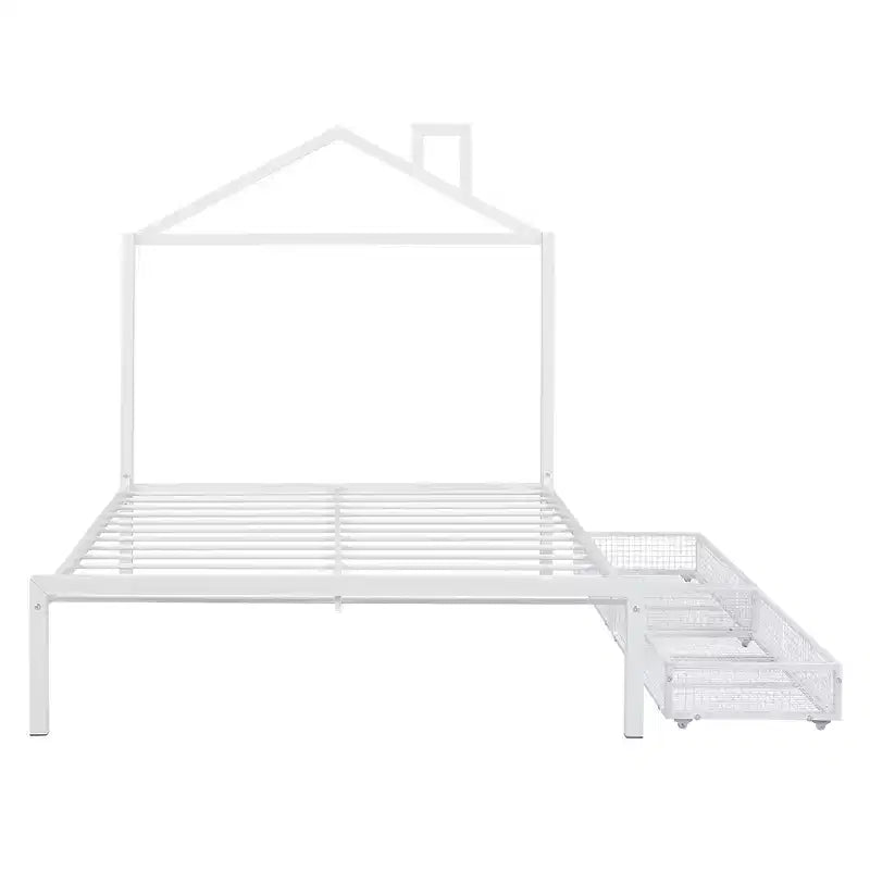 Bellemave Full Bed for Kids, Metal Full Bed with Drawer for Boys, girs, Full Bed Frame with House-Shaped Headboard, Full Size House Bed, White