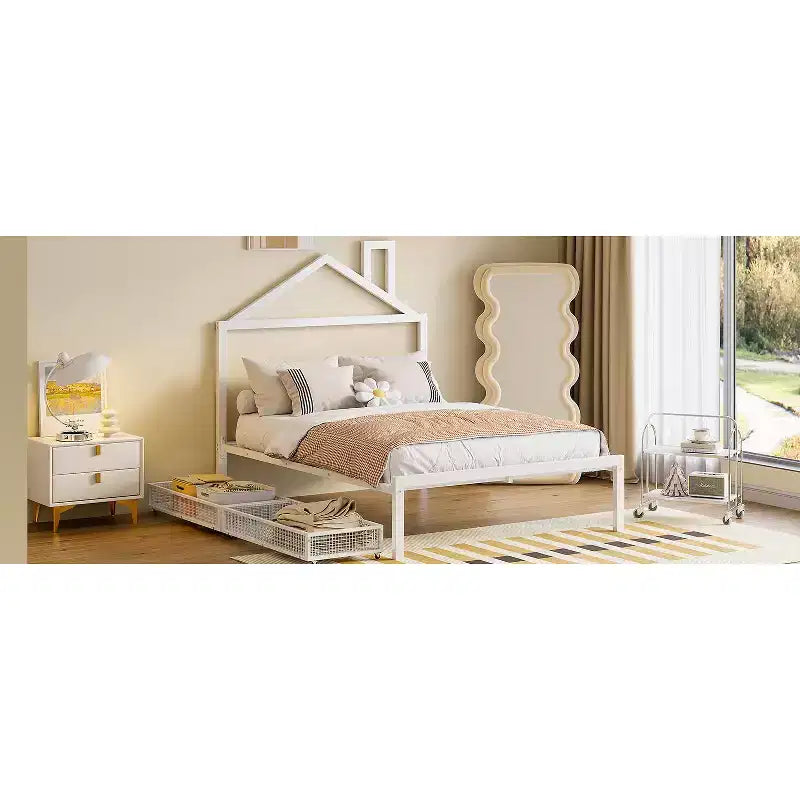 Bellemave Full Bed for Kids, Metal Full Bed with Drawer for Boys, girs, Full Bed Frame with House-Shaped Headboard, Full Size House Bed, White