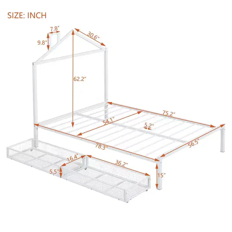 Bellemave Full Bed for Kids, Metal Full Bed with Drawer for Boys, girs, Full Bed Frame with House-Shaped Headboard, Full Size House Bed, White