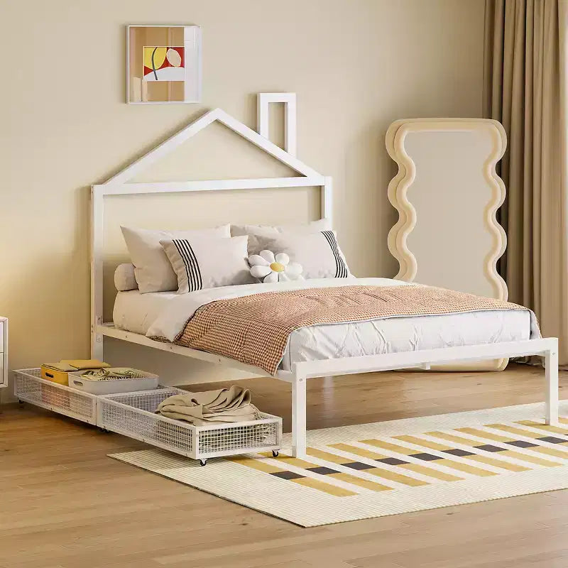 Bellemave Full Bed for Kids, Metal Full Bed with Drawer for Boys, girs, Full Bed Frame with House-Shaped Headboard, Full Size House Bed, White