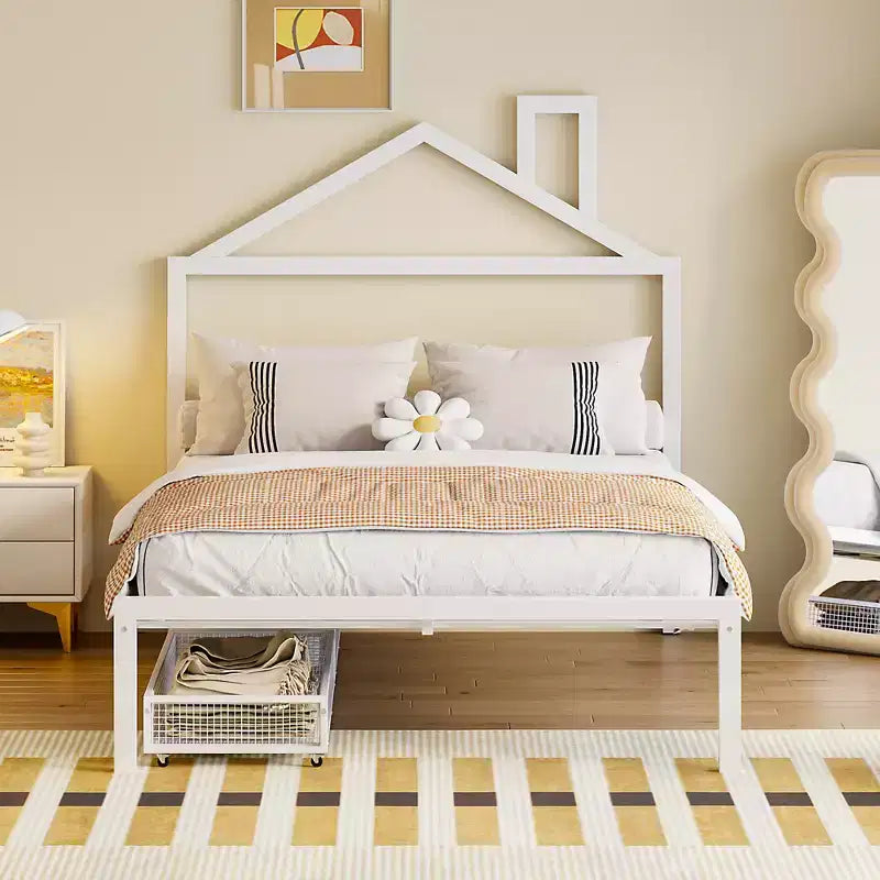 Bellemave Full Bed for Kids, Metal Full Bed with Drawer for Boys, girs, Full Bed Frame with House-Shaped Headboard, Full Size House Bed, White