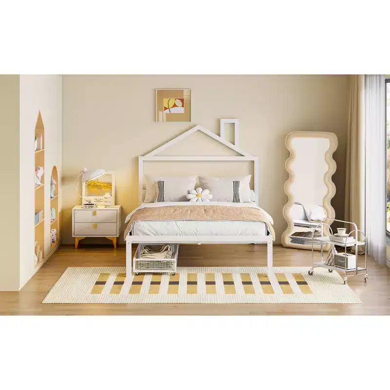 Bellemave Full Bed for Kids, Metal Full Bed with Drawer for Boys, girs, Full Bed Frame with House-Shaped Headboard, Full Size House Bed, White