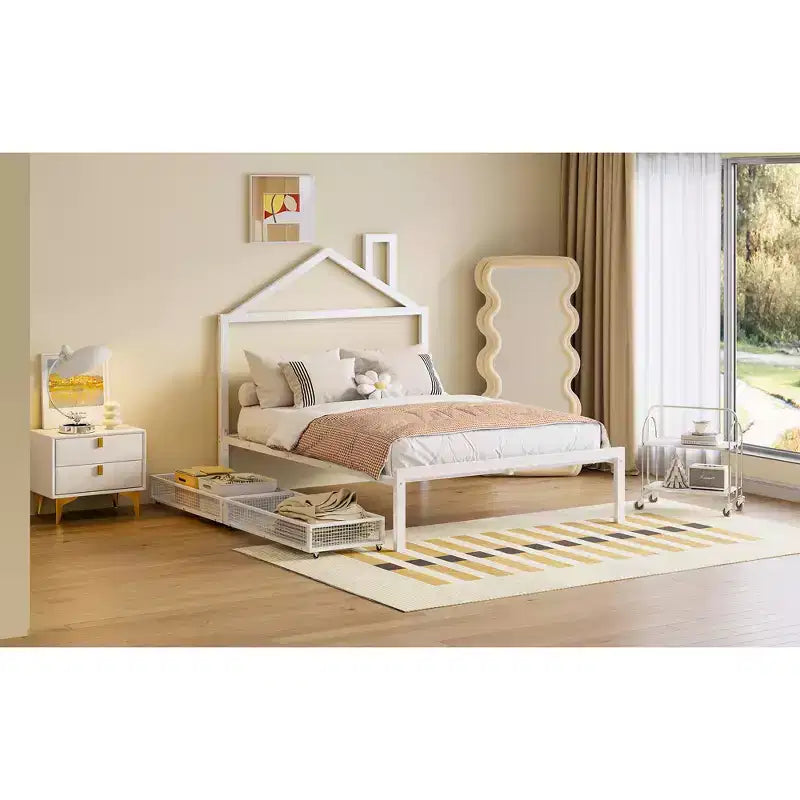 Bellemave Full Bed for Kids, Metal Full Bed with Drawer for Boys, girs, Full Bed Frame with House-Shaped Headboard, Full Size House Bed, White
